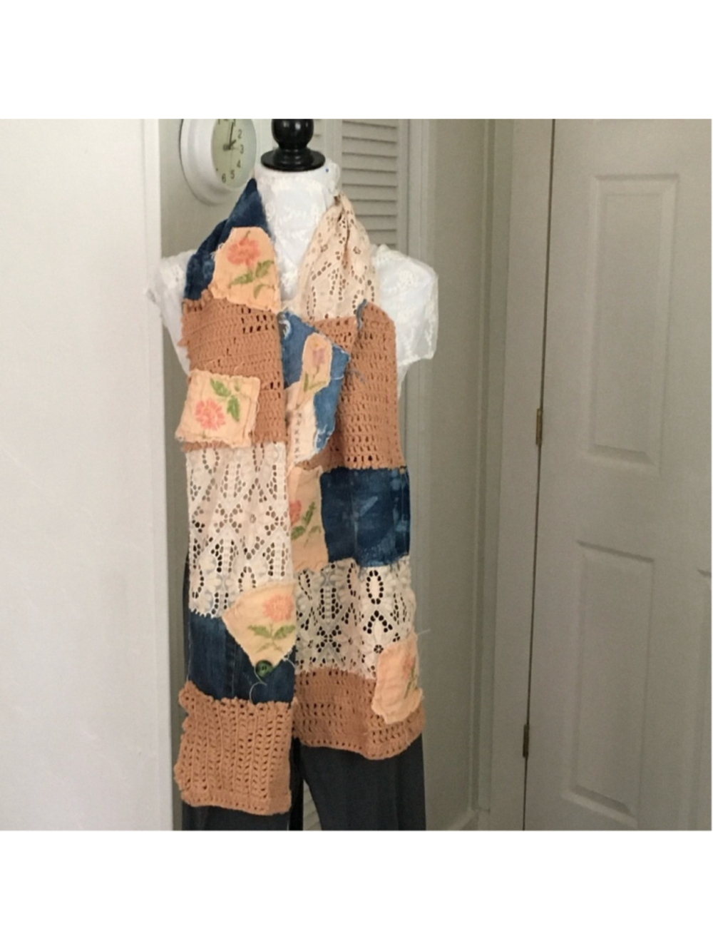 Denim Crochet Patchwork Boho Scarf Handmade